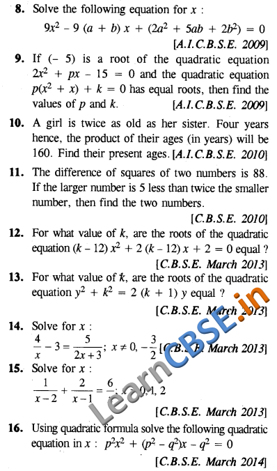  CBSE Class 10 Quadratic Equations Solutions CBSE Board Papers 