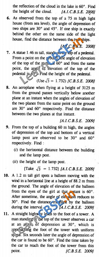  Maths CBSE Board Papers Class 10 Some Applications Of Trigonometry 
