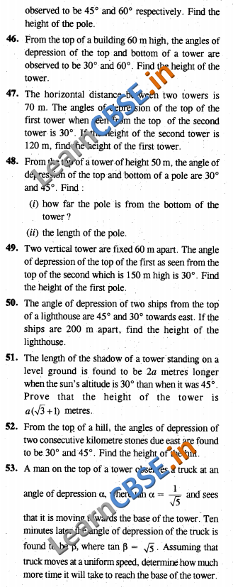  CBSE Class 10 Some Applications In Trigonometry Solutions CCE Summative Assessment LAQ 