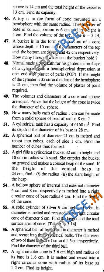  CBSE Class 10 Surface Areas and Volumes Solutions CCE Summative Assessment SAQ 2 Marks 