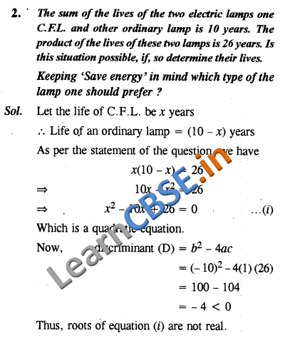  Maths CBSE Class 10 Quadratic Equations Value Based Questions 