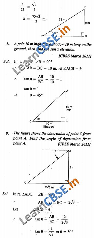  Some Applications Of Trigonometry CBSE NCERT Solutions For Class 10 Maths VSAQ 02 