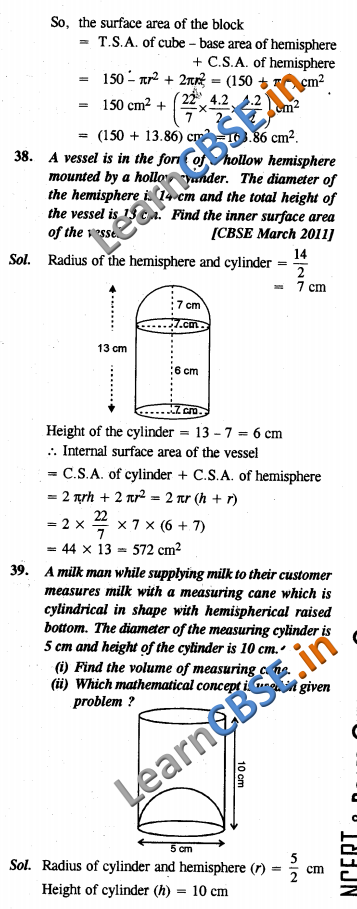  CBSE Class 10 Surface Areas and Volumes Solutions SAQ 2 Marks 